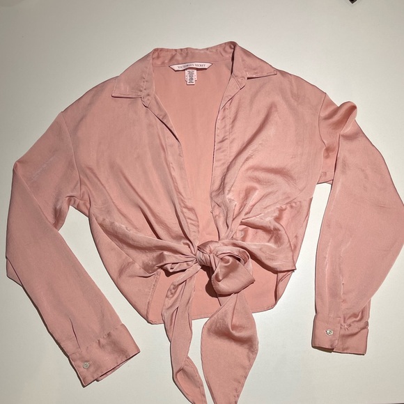 Victoria Secret Satin Pink Blouse tie-front shirt - Picture 3 of 4
